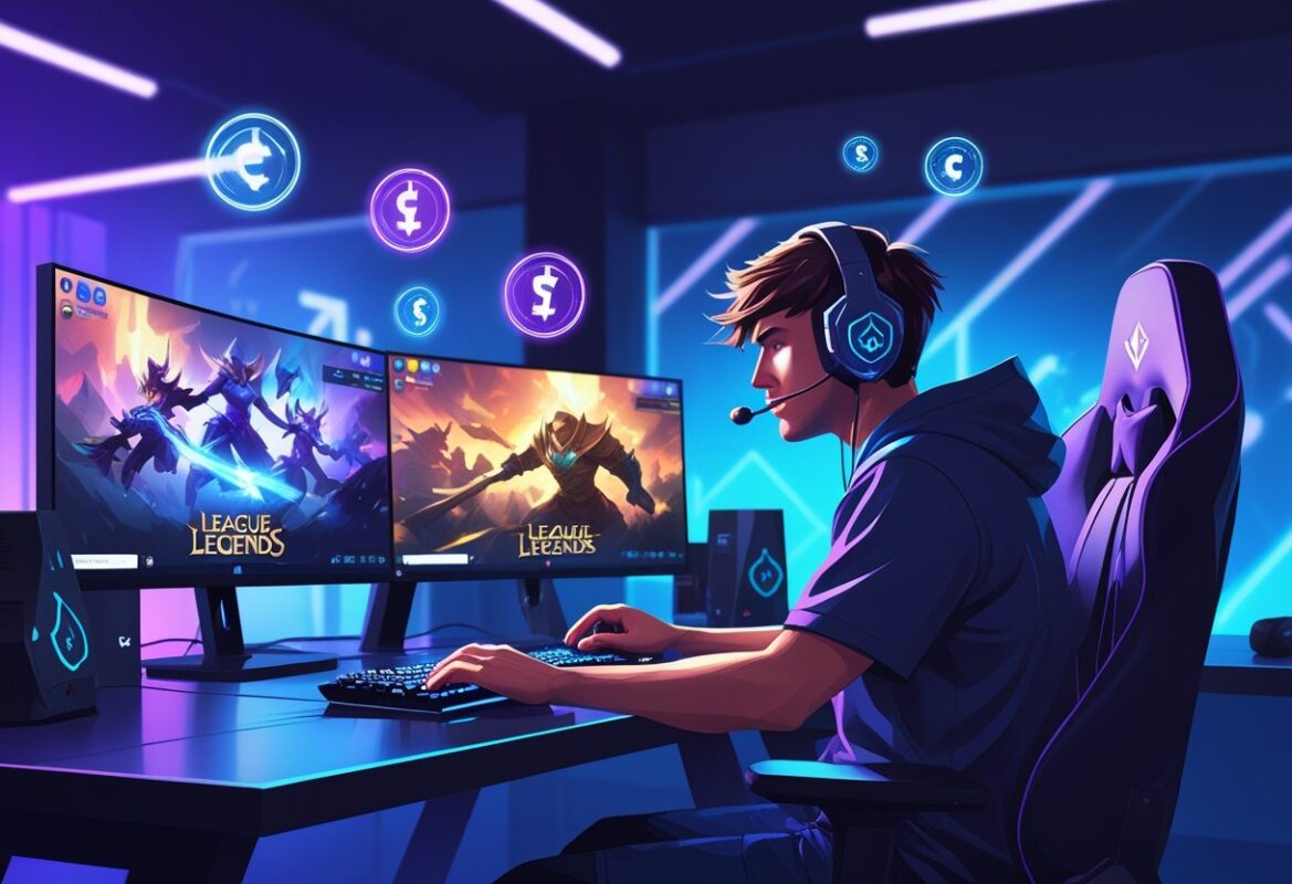 A gamer sitting at a desk with multiple monitors showing colorful League of Legends gameplay, surrounded by floating digital icons representing gaming items in a modern gaming room.