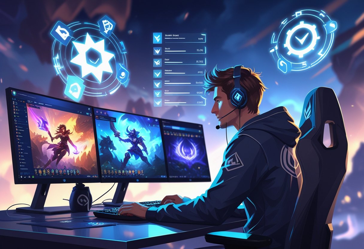 A gamer at a computer surrounded by floating game icons and fantasy elements representing League of Legends.