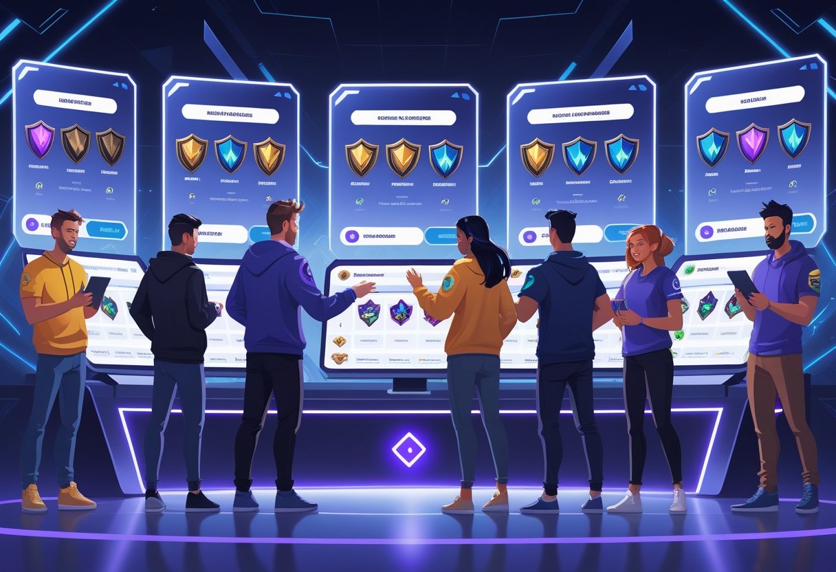 A group of gamers examining holographic displays showing different League of Legends accounts with rank icons and champion skins in a futuristic gaming environment.