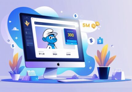 A digital marketplace scene showing a computer screen with a small blue and white gaming avatar, surrounded by icons representing low prices and online shopping.