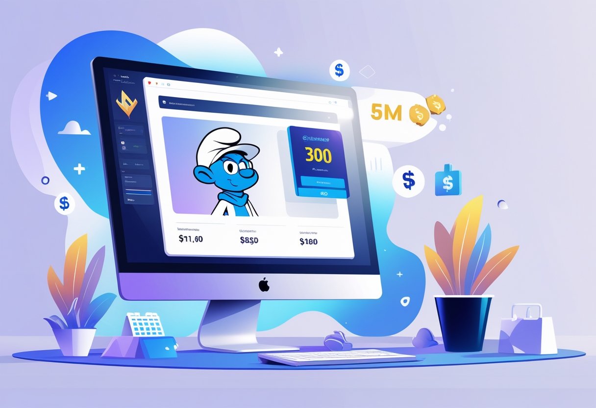 A digital marketplace scene showing a computer screen with a small blue and white gaming avatar, surrounded by icons representing low prices and online shopping.