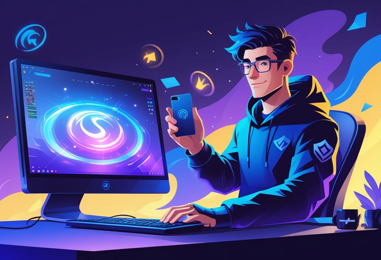 A gamer holding a smartphone in front of a computer showing a League of Legends screen with gaming icons and champion silhouettes in the background.