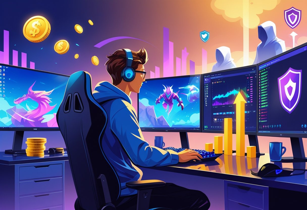 A gamer at a computer with multiple screens showing a fantasy video game, surrounded by icons representing money, progress, and security.
